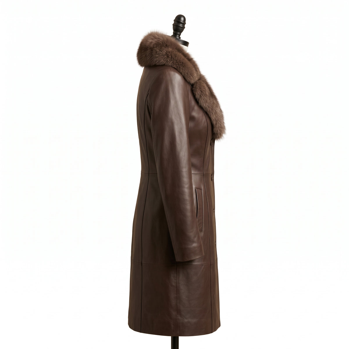 Women’s Single-Breasted Brown Leather Coat with Fur Collar