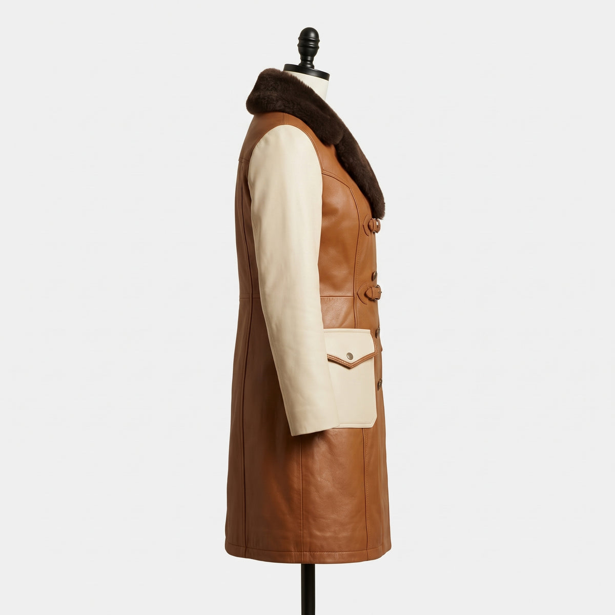 Women’s Two-Tone Leather Trench Coat  with fur collar