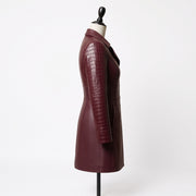 Women’s Burgundy Croc-Embossed Leather Coat – Asymmetrical Fitted Coat