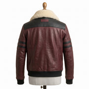 Men's Shearling Collar Leather Bomber Jacket -Maroon & Black