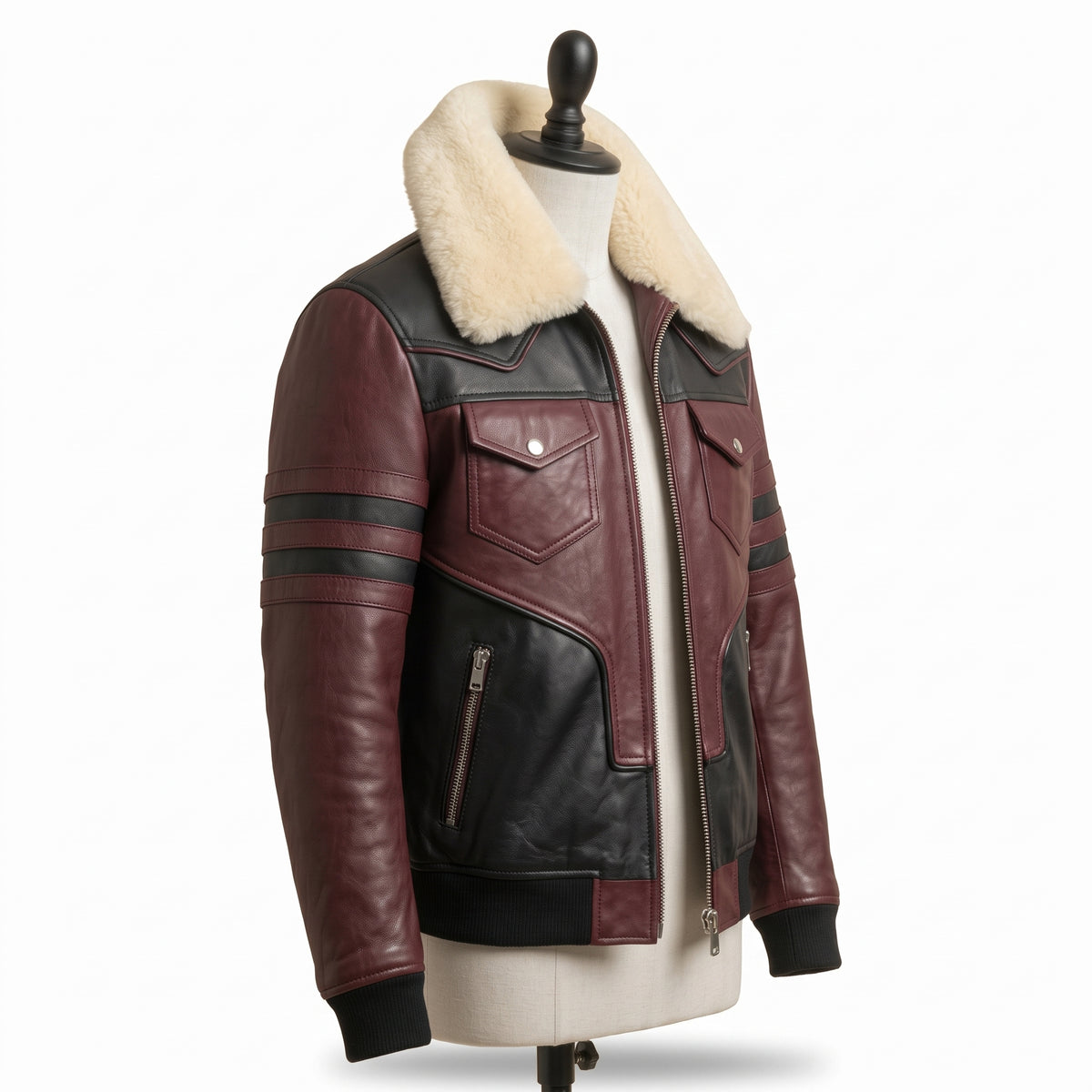 Men's Shearling Collar Leather Bomber Jacket -Maroon & Black