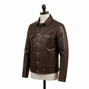 Men’s Dark Brown Crocodile Embossed Leather Trucker Jacket