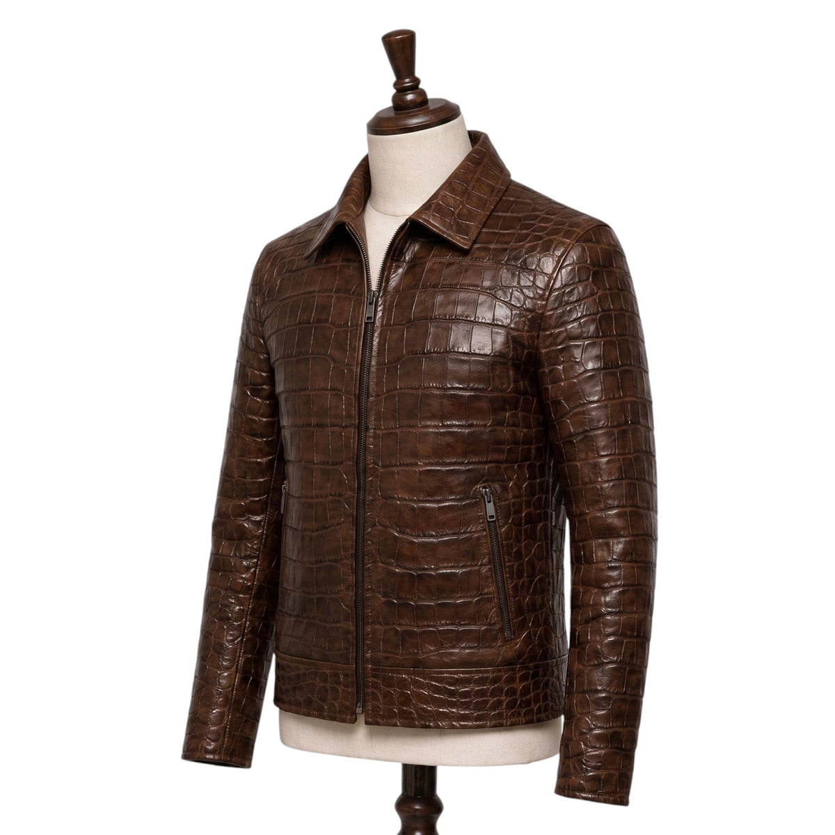 Crocodile Embossed Brown Leather Jacket
