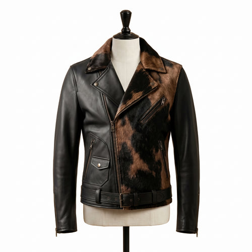 "Front view of a black leather biker jacket with animal-print fur lapel panel, zip pockets, belted waist, and asymmetric front zipper, displayed on a mannequin against a white background."