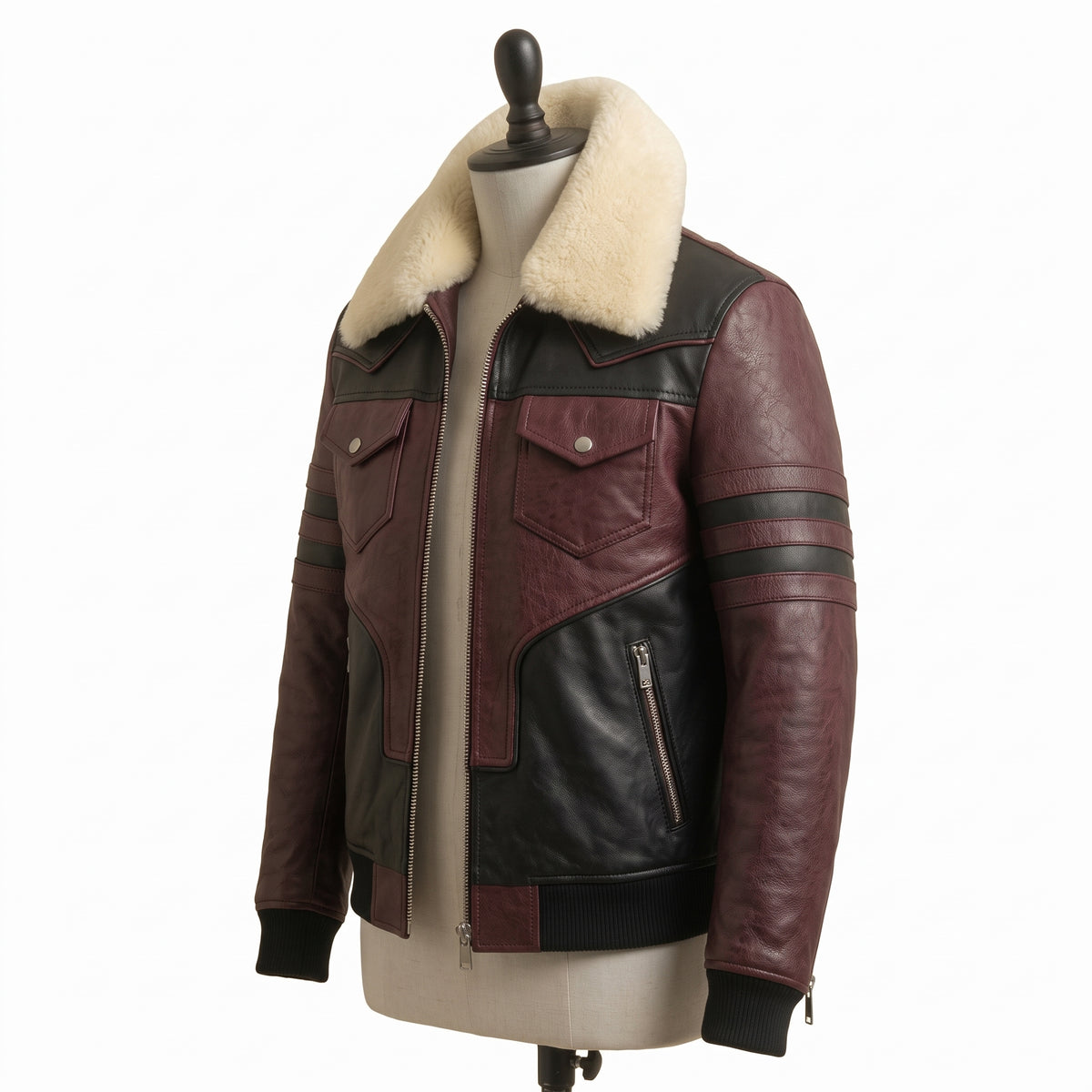 Men's Shearling Collar Leather Bomber Jacket -Maroon & Black