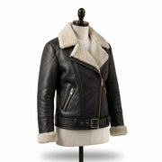 Women’s Black Shearling Leather Biker Jacket – Belted Aviator
