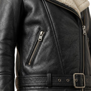Women’s Black Shearling Leather Biker Jacket – Belted Aviator