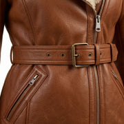Women's Tan Brown Belted Shearling Leather Jacket