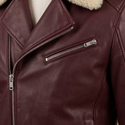 Men's Burgundy Leather Biker Jacket with Shearling Collar