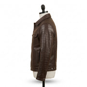 Men’s Dark Brown Crocodile Embossed Leather Trucker Jacket