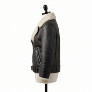 Women’s Black Shearling Leather Biker Jacket – Belted Aviator