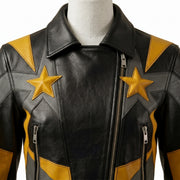 "Close-up detail of a black leather biker jacket collar and chest area with yellow and gray star graphic panels and front zipper with dual zip pockets."