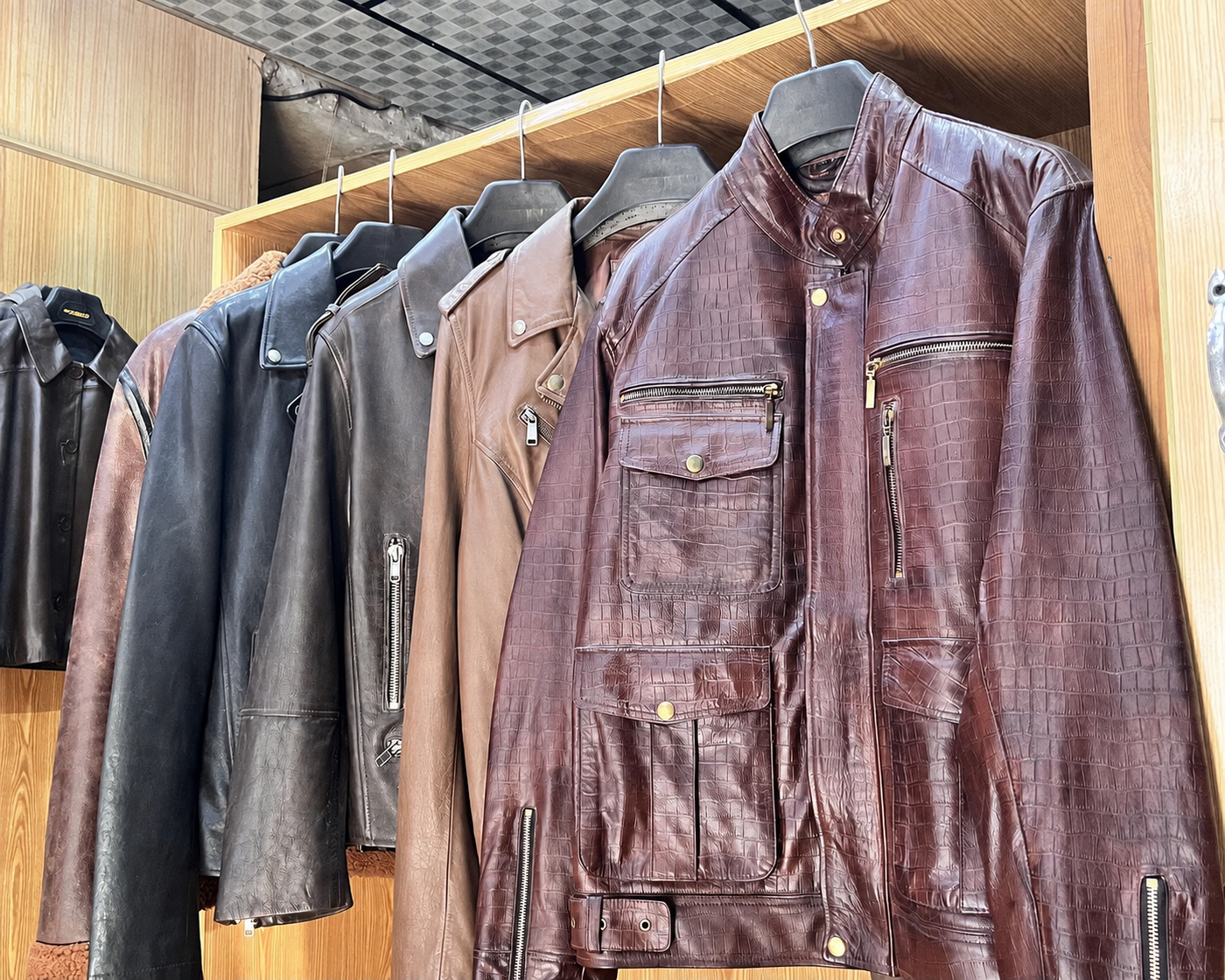 Leather jacket sample being prepared in the workshop