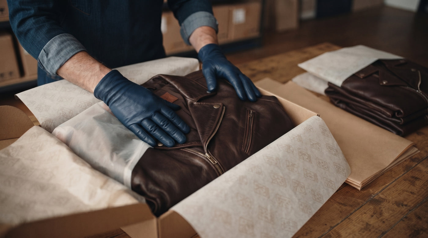 Finished leather jackets prepared in export packaging