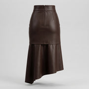 Brown Asymmetrical Ruffle Leather Midi Skirt – Women’s Leather Skirt
