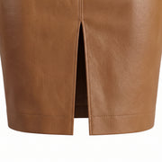 Camel Brown Front-Slit Leather Pencil Skirt – Women’s Midi Skirt