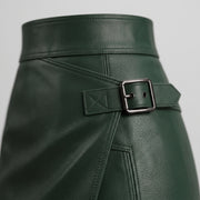 Buckled High-Waisted Leather Midi Skirt – Dark Green