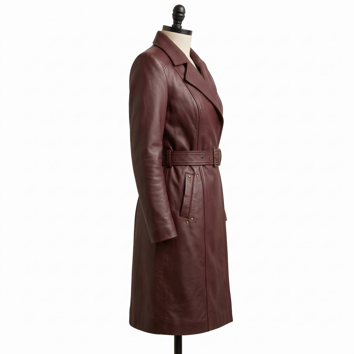 **"Burgundy leather belted trench coat, profile view on mannequin"**