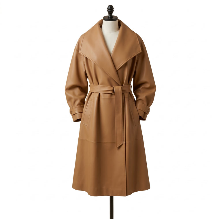 "Front view of a tan leather trench coat with an oversized shawl collar, tied belt, and flap pockets, displayed on a mannequin against a white background."
