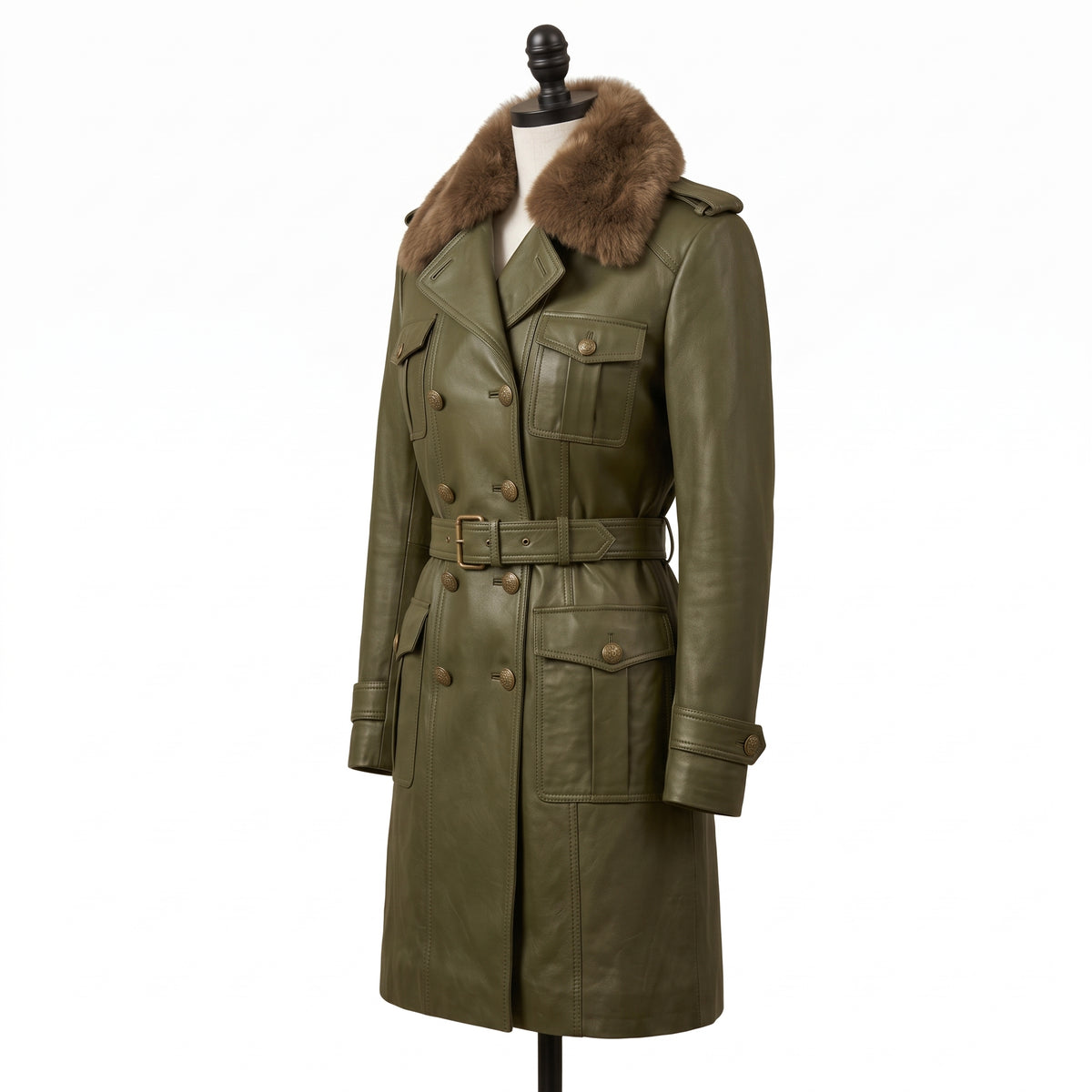 Women’s Olive Green Leather Trench Coat with Fur Collar
