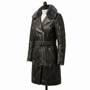 Women’s Long Leather Biker Trench Coat with Belt