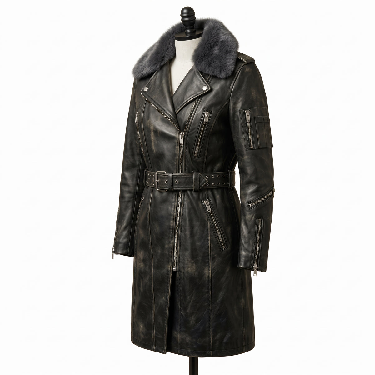 Women’s Long Leather Biker Trench Coat with Belt