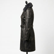 Women’s Long Leather Biker Trench Coat with Belt