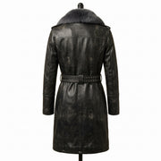 Women’s Long Leather Biker Trench Coat with Belt