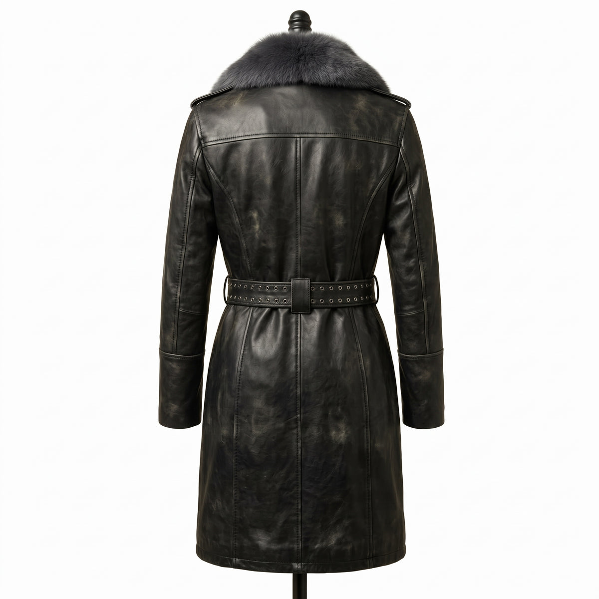 Women’s Long Leather Biker Trench Coat with Belt