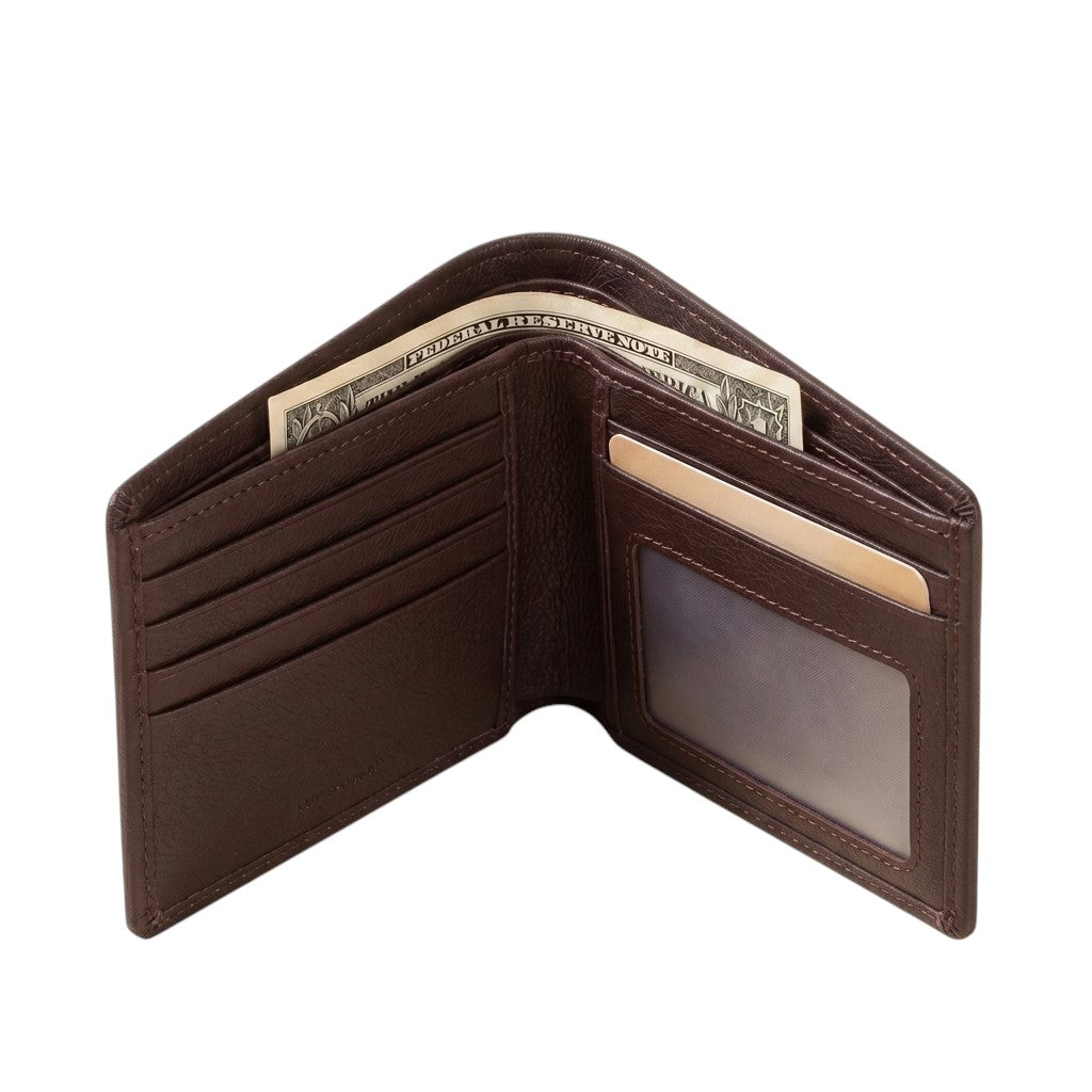 "Standing open brown leather bifold wallet shown at a 3D angle, displaying card slots, an ID window, a card, and a currency note, on a white background.")