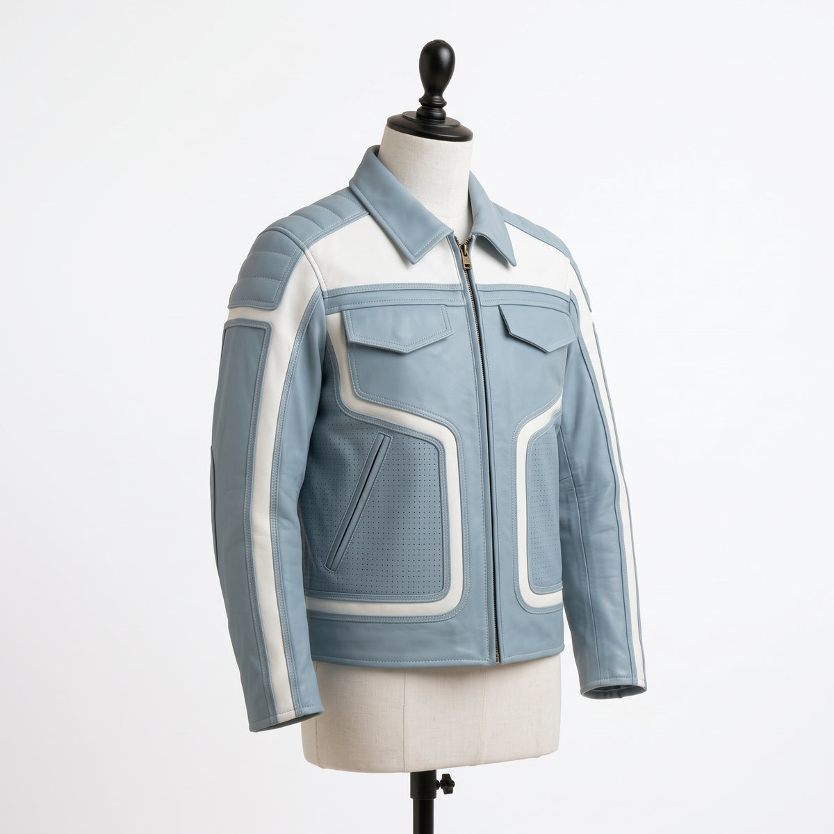 Two-Tone Leather Racer Biker Jacket – Blue & White