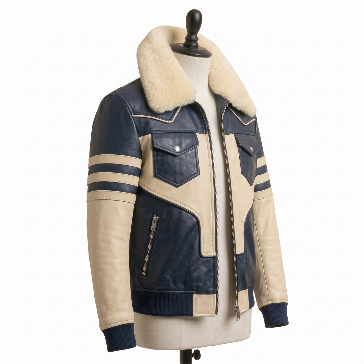 Men's Shearling Collar Leather Bomber Jacket