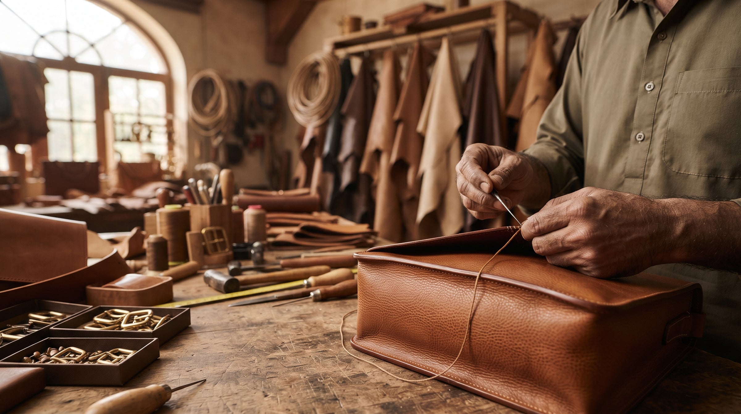 Leather artisan crafting a premium leather product at Evermont Global