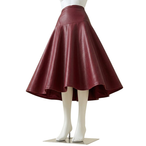 Maroon faux leather A-line midi skirt shown flaring outward with a flowing, voluminous hemline, displayed on a headless mannequin against a white background."