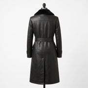 Women’s Double-Breasted Leather Trench Coat with Fur Collar