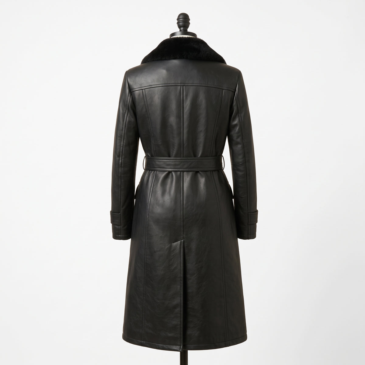 Women’s Double-Breasted Leather Trench Coat with Fur Collar