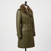 Women’s Olive Green Leather Trench Coat with Fur Collar