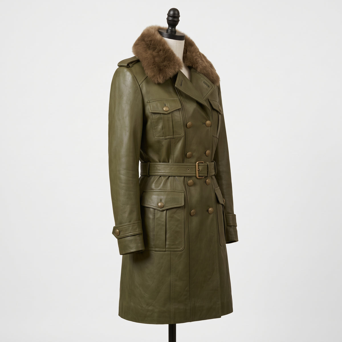 Women’s Olive Green Leather Trench Coat with Fur Collar