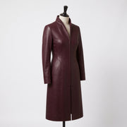 Women’s Burgundy Long Leather Trench Coat with Mandarin Collar
