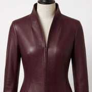 Women’s Burgundy Long Leather Trench Coat with Mandarin Collar