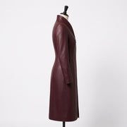 Women’s Burgundy Long Leather Trench Coat with Mandarin Collar