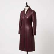 Women’s Burgundy Long Leather Trench Coat with Mandarin Collar