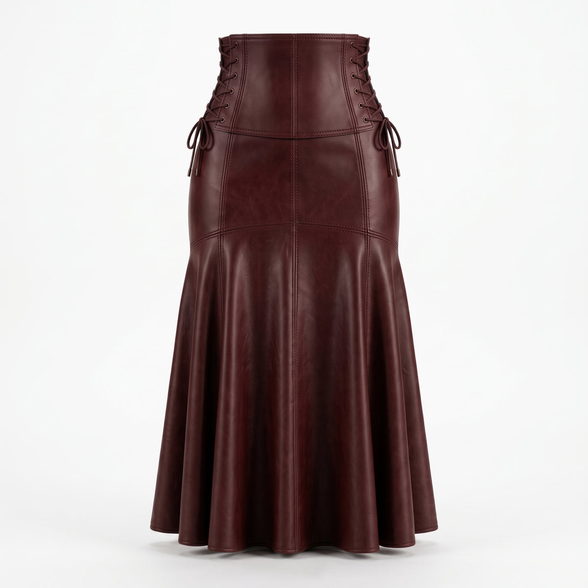 Lace-Up Corset Leather Skirt – Burgundy Flared Maxi Skirt