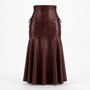 Lace-Up Corset Leather Skirt – Burgundy Flared Maxi Skirt