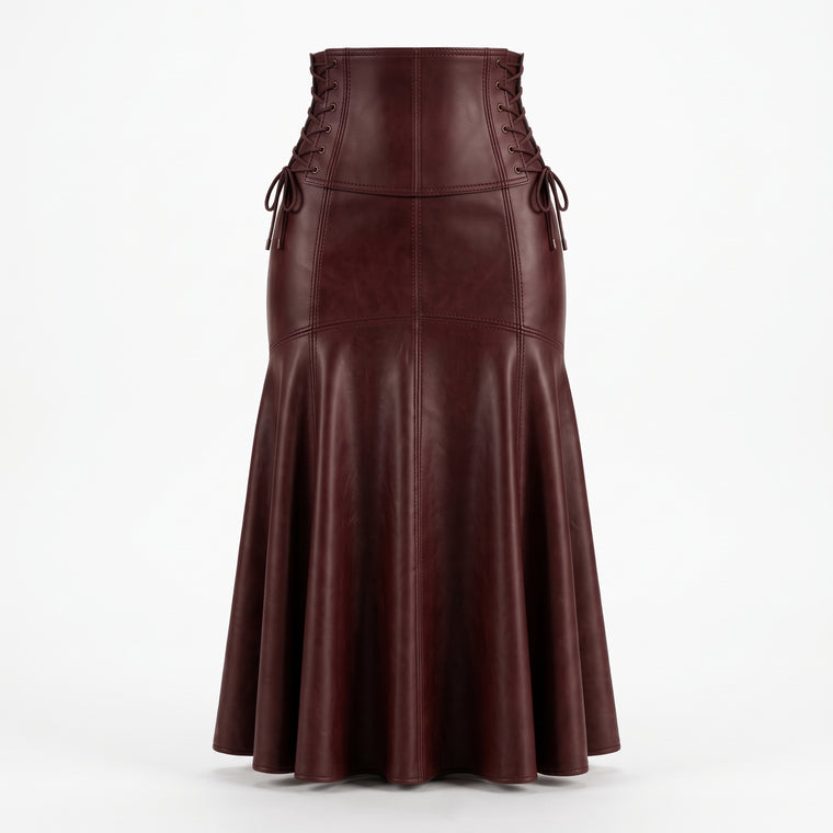 Lace-Up Corset Leather Skirt – Burgundy Flared Maxi Skirt