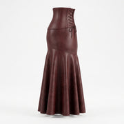 Lace-Up Corset Leather Skirt – Burgundy Flared Maxi Skirt