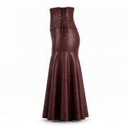 Lace-Up Corset Leather Skirt – Burgundy Flared Maxi Skirt