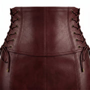 Lace-Up Corset Leather Skirt – Burgundy Flared Maxi Skirt