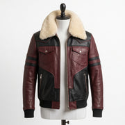 Men's Shearling Collar Leather Bomber Jacket -Maroon & Black
