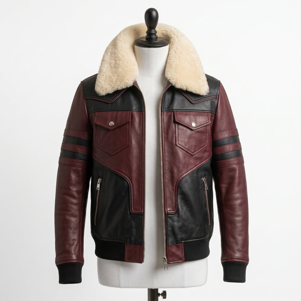 Men's Shearling Collar Leather Bomber Jacket -Maroon & Black